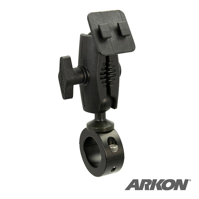 The Aluminum Motorcycle Handlebar Mount with Dual-T Compatible Head features adjustable joints and a clamp, serving as a universal smartphone holder for handlebars or poles. The Arkon logo appears in the bottom right corner.