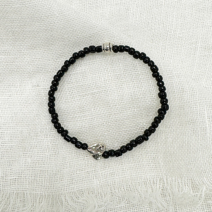 Black Glass Bracelet with Silver Heart | Handmade Jewelry