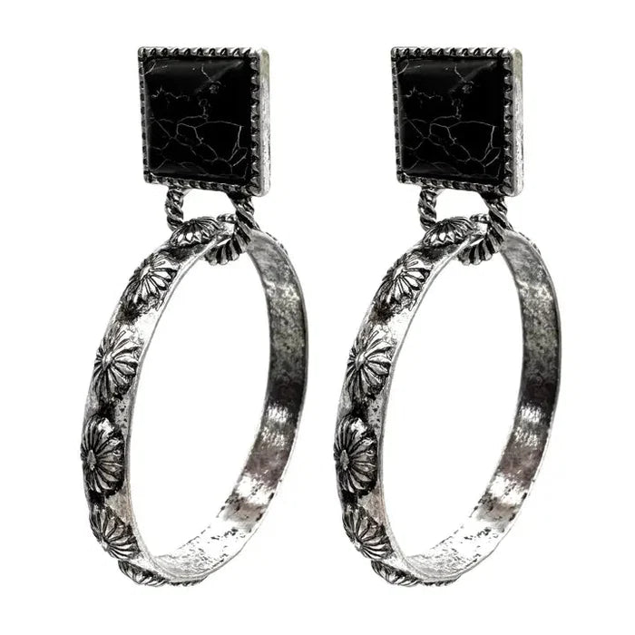 Black Turquoise Stone Hoop Earrings
