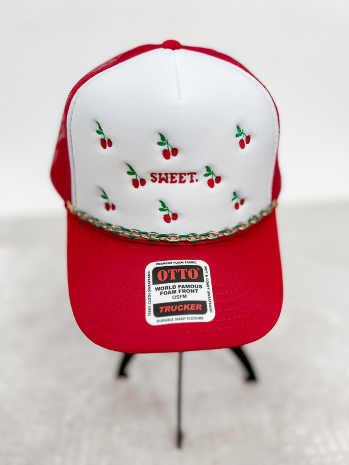 Cherry Sweet Embroidered Trucker Hat, Red
