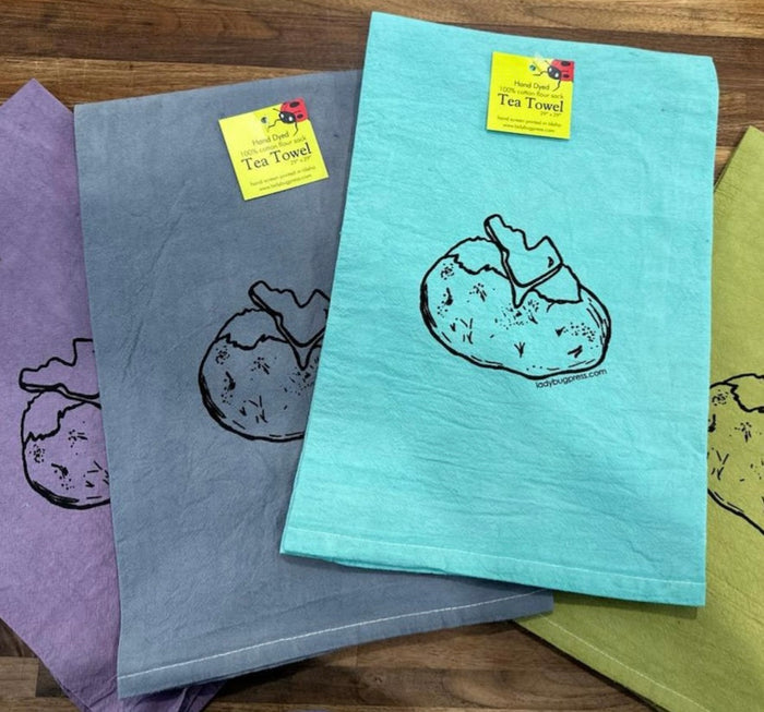 Dyed Idaho Spud Tea Towel, Hand drawn and Screen Printed flour sack towel