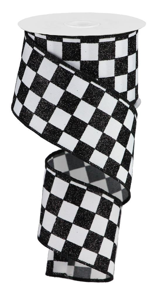 Glitter Check Wired Edge Ribbon, 10 Yards (White, Black, 2.5 Inch)