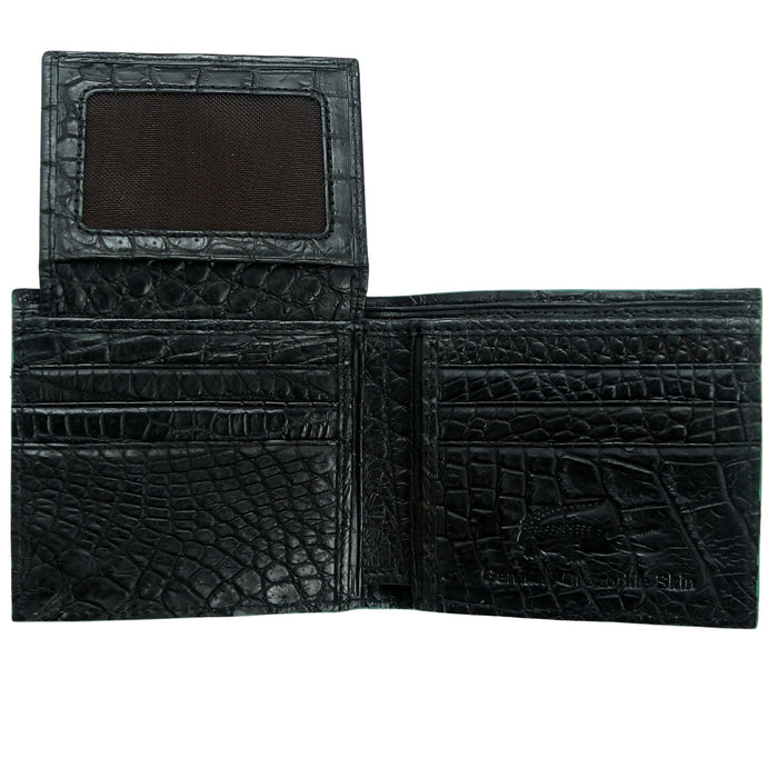 The black crocodile skin interior of the wallet with the flip-up clear ID window open, revealing more card slots.