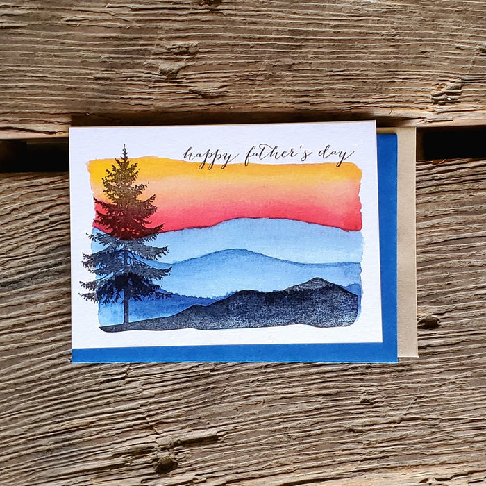 Happy Father's day tree and mountains, letterpress printed card. Eco friendly, happy fathers day