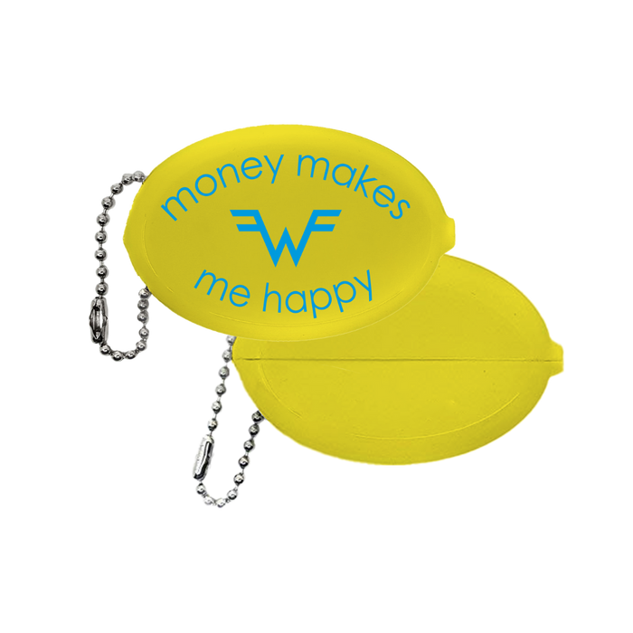 Bright yellow oval coin purse with a silver chain and blue money makes me happy text featuring the weezer logo