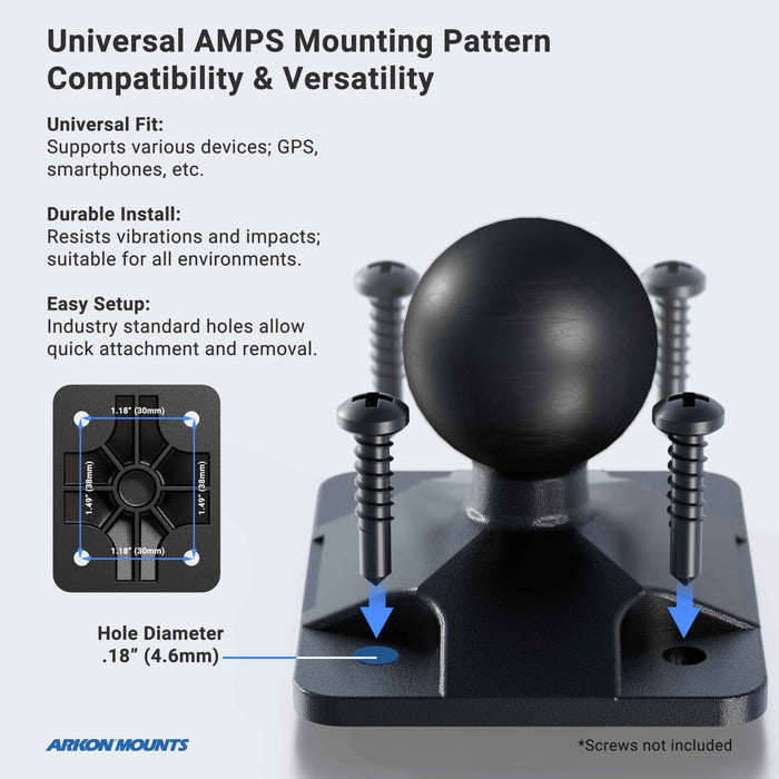 A black mounting base with a ball and four 4.6mm screw holes is shown with screws nearby. Text highlights its easy setup, universal camera mount compatibility for Nikon, Sony, Canon, Fujifilm & Olympus; diagram shows hole spacing.