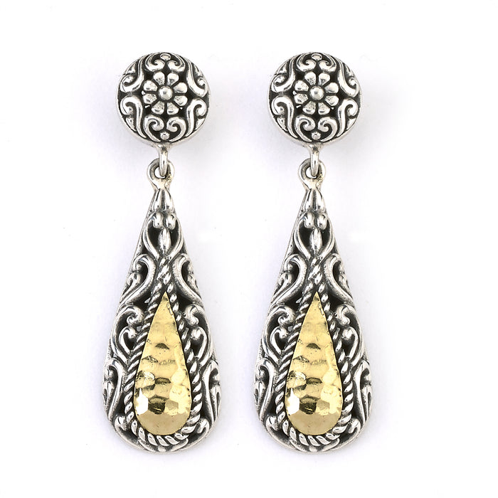 Samuel B Sterling Silver and 18K Yellow Gold Hammered Design Teardrop Earrings