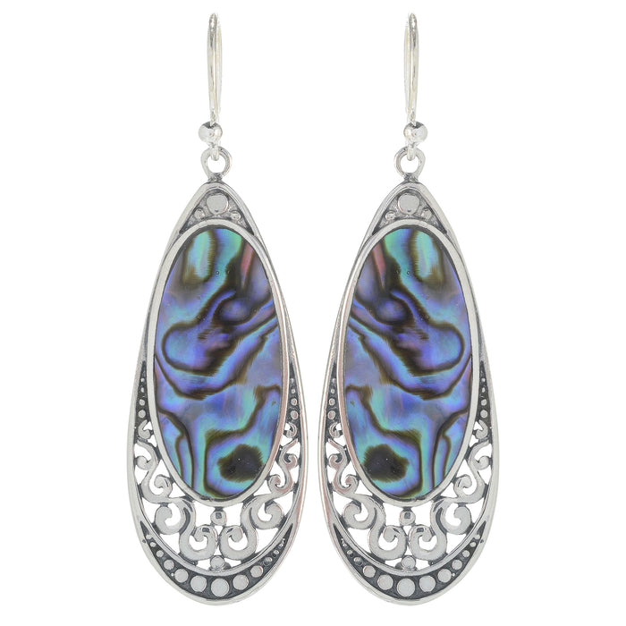 Samuel B. Sterling Silver Balinese Design Oval Abalone Drop Earrings.