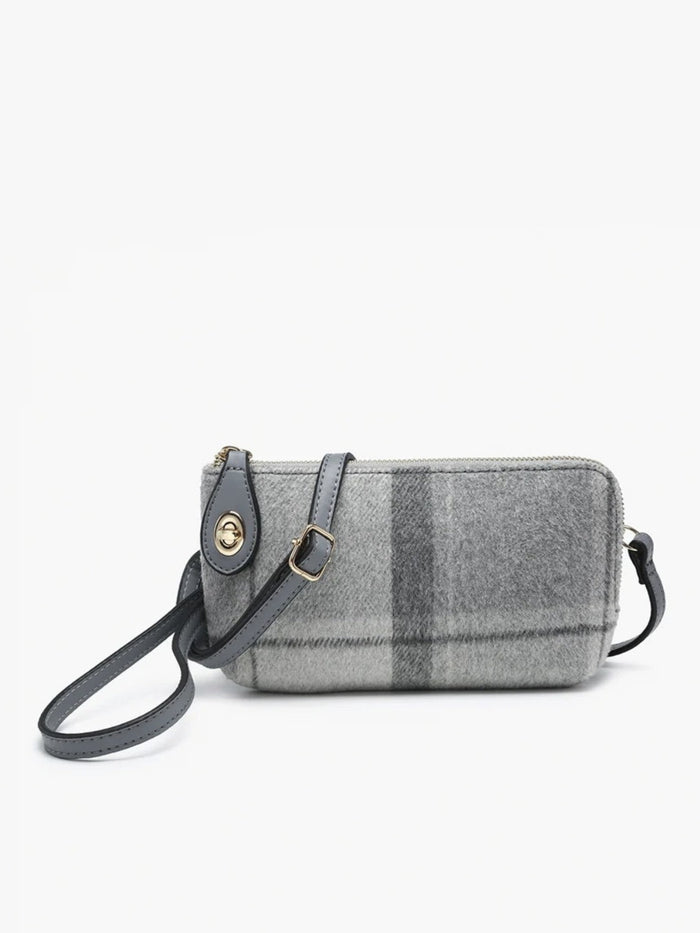 A gray plaid crossbody bag with a dark gray leather strap and gold-tone hardware, shown against a plain white background.
