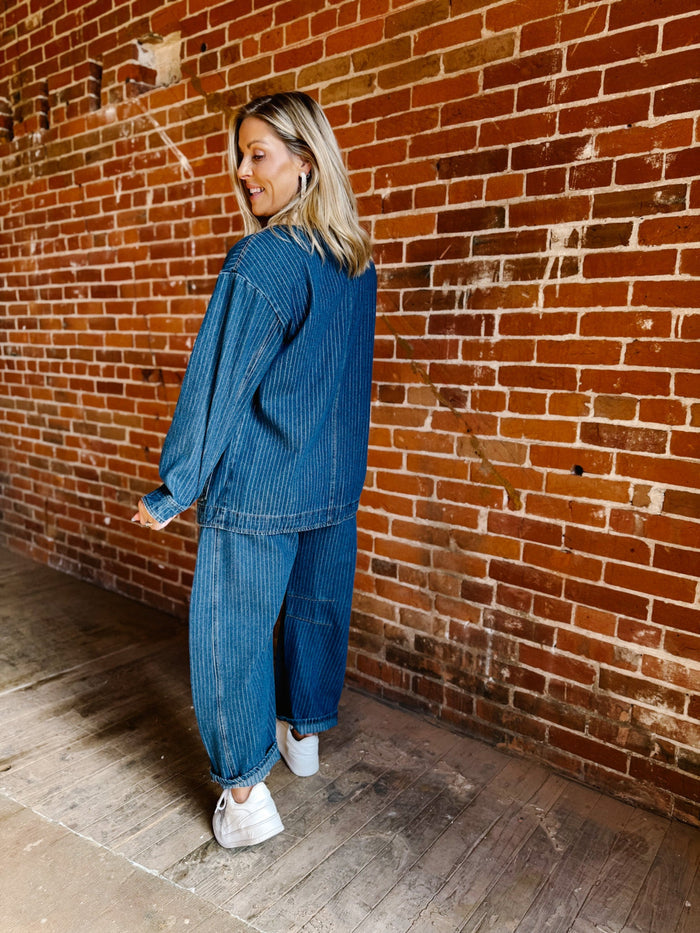 The Rowan Oversized Pinstripe Denim Jacket, Dark Wash