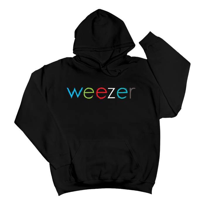 Black hoodie featuring the word ’weezer’ in a colorful, rainbow-gradient font across the chest.