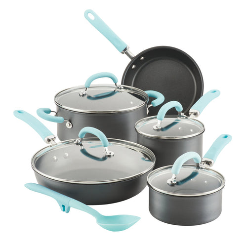 10-Piece Hard Anodized Nonstick Induction Cookware Set with blue handles.