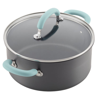 A 10-piece hard-anodized nonstick cookware set with glass lids and blue handles.