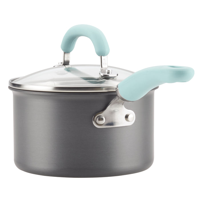 10-piece nonstick induction cookware set with glass lids and blue handles.