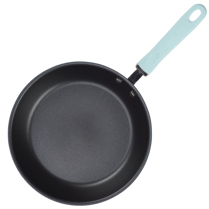 10-piece hard anodized nonstick cookware set with light blue handles.