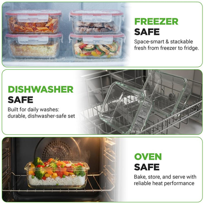 10-Piece Leakproof Glass Containers Set, Freezer-to-Oven Safe, Red