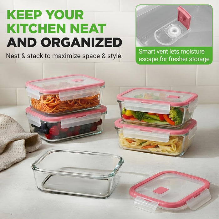 10-Piece Leakproof Glass Containers Set, Freezer-to-Oven Safe, Red