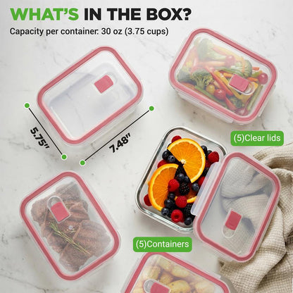10-Piece Leakproof Glass Containers Set, Freezer-to-Oven Safe, Red