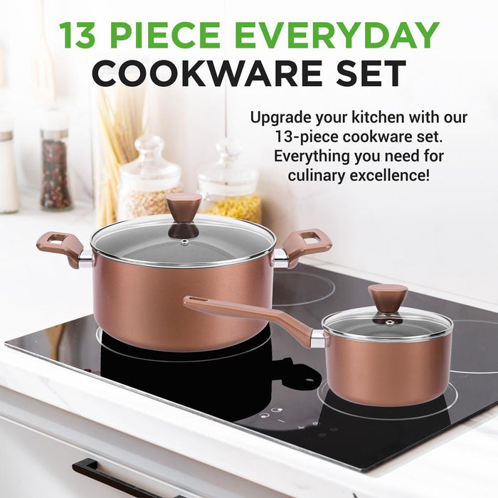13-Piece Nonstick Cookware Set, Even Heat, Durable Coating, Brown