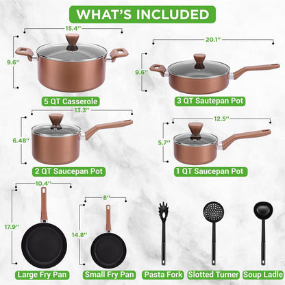 13-Piece Nonstick Cookware Set, Even Heat, Durable Coating, Brown