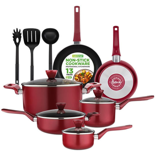 13-Piece Nonstick Cookware Set, Even Heat, Durable Coating, Red
