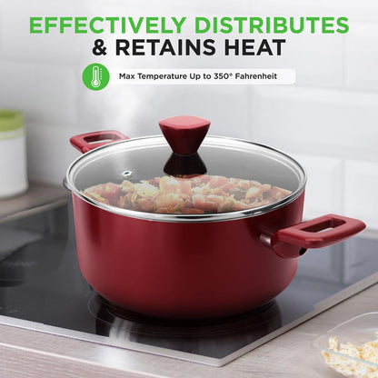 13-Piece Nonstick Cookware Set, Even Heat, Durable Coating, Red
