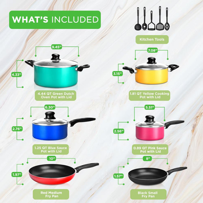 15-Piece Non-Stick Cookware Set, Even Heat, Colorful Lacquer Finish