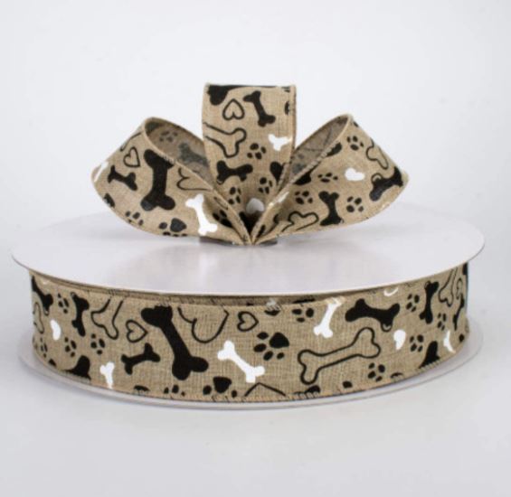 1.5" x 50yd Dog Bone, Footprints, and Hearts Wired Edge Ribbon-Black and White on Natural