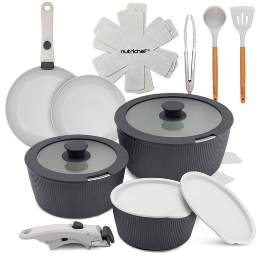 18-Piece Stylish Kitchen Cookware Set - Ceramic Nonstick Pots & Pans With Detachable Handles (Gray)