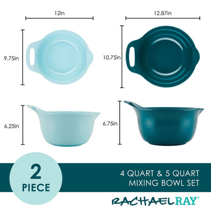 The 2-Qt. & 3-Qt. Nesting Mixing Bowl Set features teal melamine bowls designed for versatility, with one bowl wider and the other deeper, both equipped with pour spouts for effortless pouring. Their non-slip rubberized bottoms provide stability, allowing you to whisk and mix with confidence.