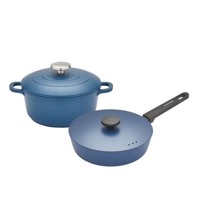 20cm Cast Aluminium Casserole Dish Blue & 24cm Forged Aluminium Saute Pan Set - Blue