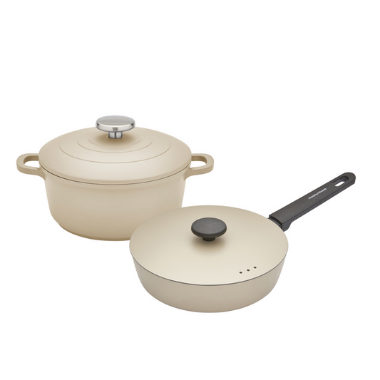 20cm Cast Aluminium Casserole Dish Cream & 24cm Forged Aluminium Saute Pan Set - Cream