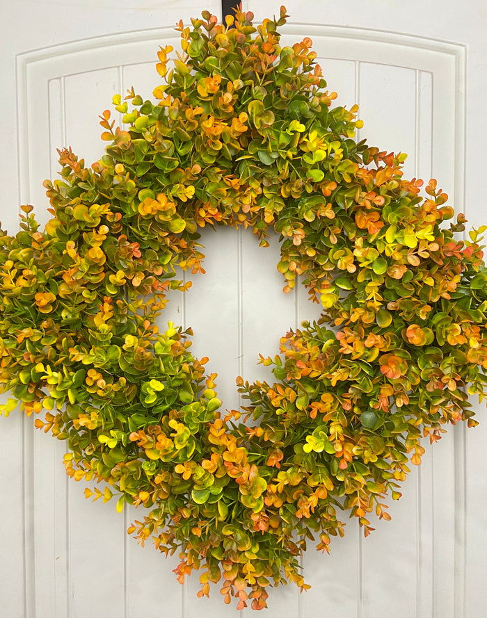 23-24" Square Fall Faux Boxwood Fall Door Wreath on Green Foam Base, Outdoor, Porch, Patio