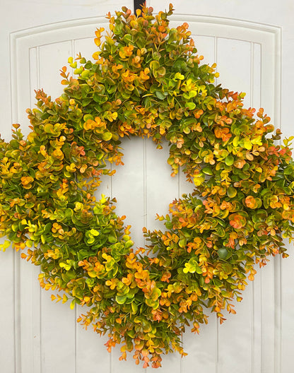 23-24" Square Fall Faux Boxwood Fall Door Wreath on Green Foam Base, Outdoor, Porch, Patio