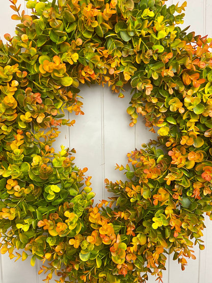 23-24" Square Fall Faux Boxwood Fall Door Wreath on Green Foam Base, Outdoor, Porch, Patio