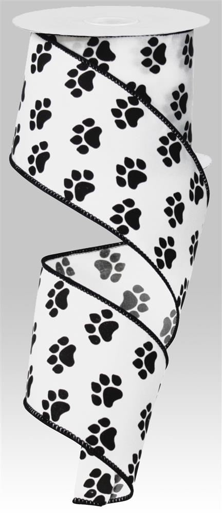 2.5" Wide Expressions Satin Paw Print Satin Wired Ribbon Black & White (10 Yards) Black Wired Edge
