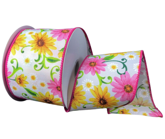 2.5" X 10yd Wired Satin Daises Ribbon-Pink, Orange, Yellow, White