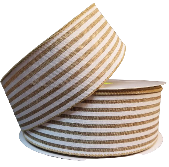 2.5 " x 50 yd Wired Burlap Stripe - Natural / White Wired Ribbon