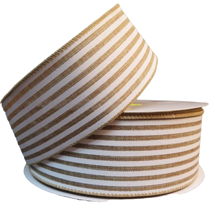 2.5 " x 50 yd Wired Burlap Stripe - Natural / White Wired Ribbon