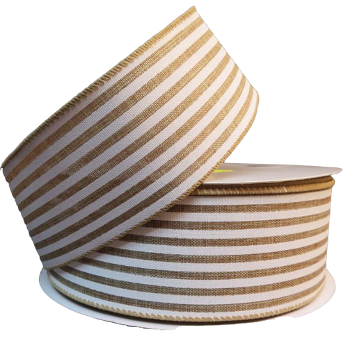 2.5 " x 50 yd Wired Burlap Stripe - Natural / White Wired Ribbon