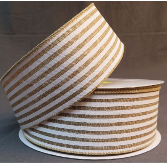 2.5 " x 50 yd Wired Burlap Stripe - Natural / White Wired Ribbon