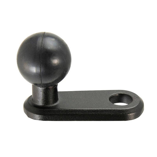 The 25mm Ball to 11mm Bolt Head Adapter features a black metal base with a 25mm ball mount on one end and an oval plate with an 11mm bolt hole on the other, ideal for securely adding accessories or devices to your setup.