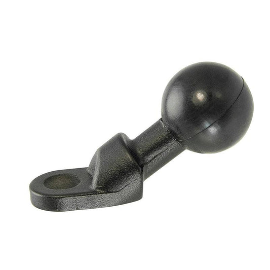 A black metal 25mm ball to 9mm angled bolt head adapter with a flat base and attachment hole, ideal for mounting or securing devices like motorcycle mirrors.