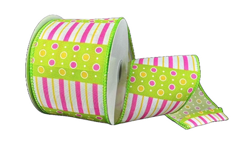 2.5"x10yd Jet Dot Stripes Wired Edge Ribbon, Pink, Yellow, Lime, White