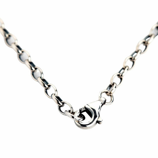 A close-up of the secure sterling silver lobster clasp on the 2mm cable chain necklace.