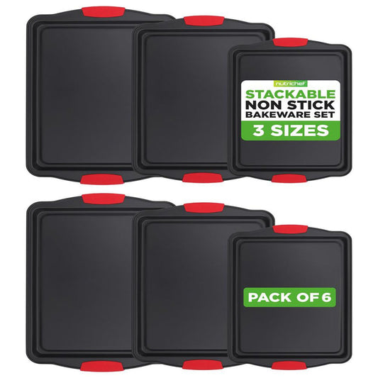 3-Piece Nonstick Baking Pan Set - Easy Clean Carbon Steel 0.4mm, Red Handles