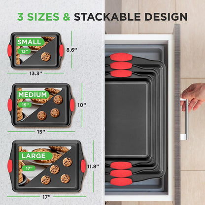 3-Piece Nonstick Baking Pan Set - Easy Clean Carbon Steel 0.4mm, Red Handles