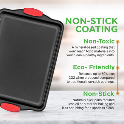 3-Piece Nonstick Baking Pan Set - Easy Clean Carbon Steel 0.4mm, Red Handles