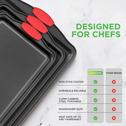 3-Piece Nonstick Baking Pan Set - Easy Clean Carbon Steel 0.4mm, Red Handles