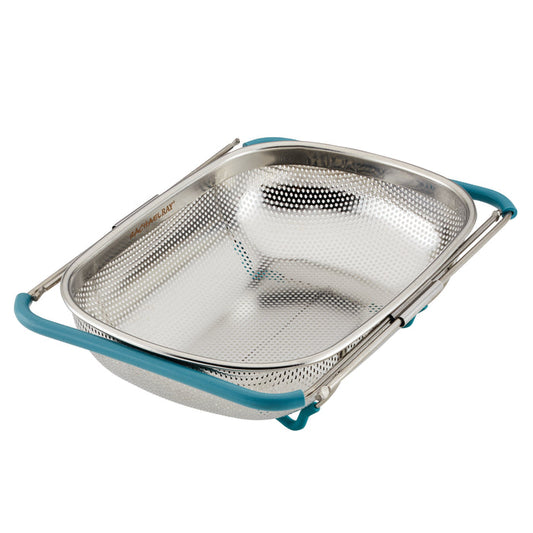 The 4.5 Quart Over-the-Sink Colander is a rectangular metal colander with turquoise handles, featuring perforated sides and crafted from stainless steel.